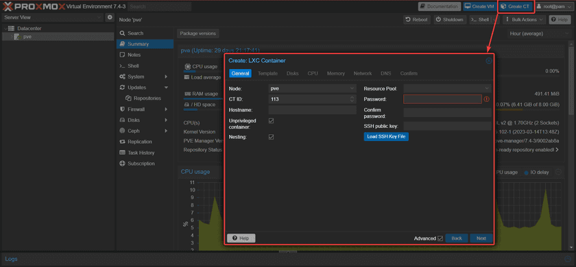 The Proxmox create container interface